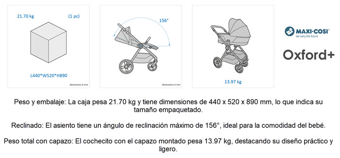 Peso y embalaje: La caja pesa 21.70 kg y tiene dimensiones de 440 x 520 x 890 mm, lo que indica su tamaño empaquetado. Reclinado: El asiento tiene un ángulo de reclinación máximo de 156°, ideal para la comodidad del bebé. Peso total con capazo: El cochecito con el capazo montado pesa 13.97 kg, destacando su diseño práctico y ligero.